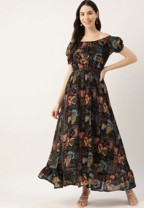 Black Floral Printed Off-Shoulder Puff Sleeve Gathered Georgette Maxi Dress in Munich