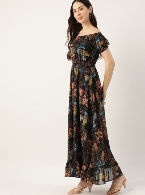 Black Floral Printed Off-Shoulder Puff Sleeve Gathered Georgette Maxi Dress in Munich