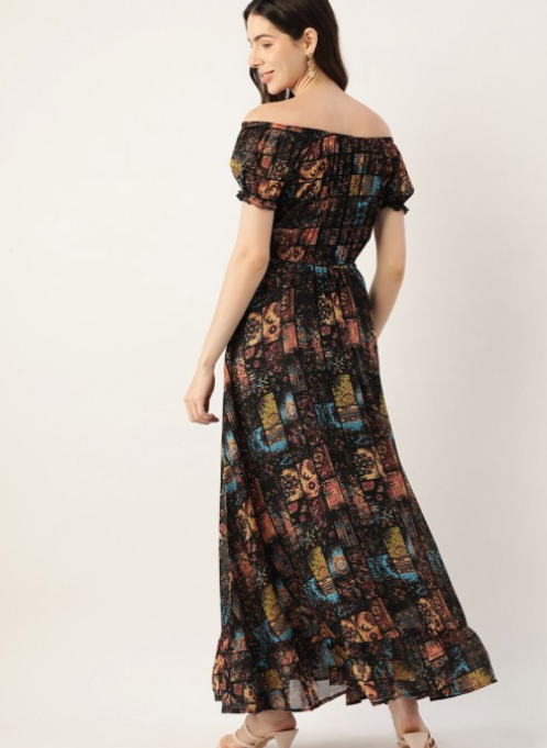 Black Floral Printed Off-Shoulder Puff Sleeve Gathered Georgette Maxi Dress in Munich