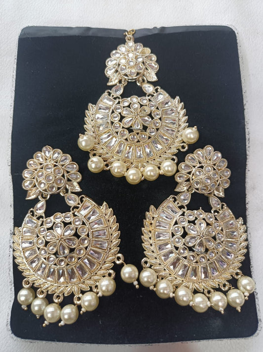 Maang Tikka with Earrings Gold Plated Cream Pearl and Kundan Traditional Set for Women