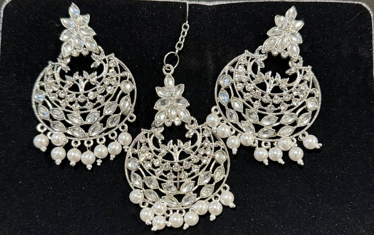 White Sliver Plated Pearl and Kundan Traditional Maang Tikka with Earrings Set for Women