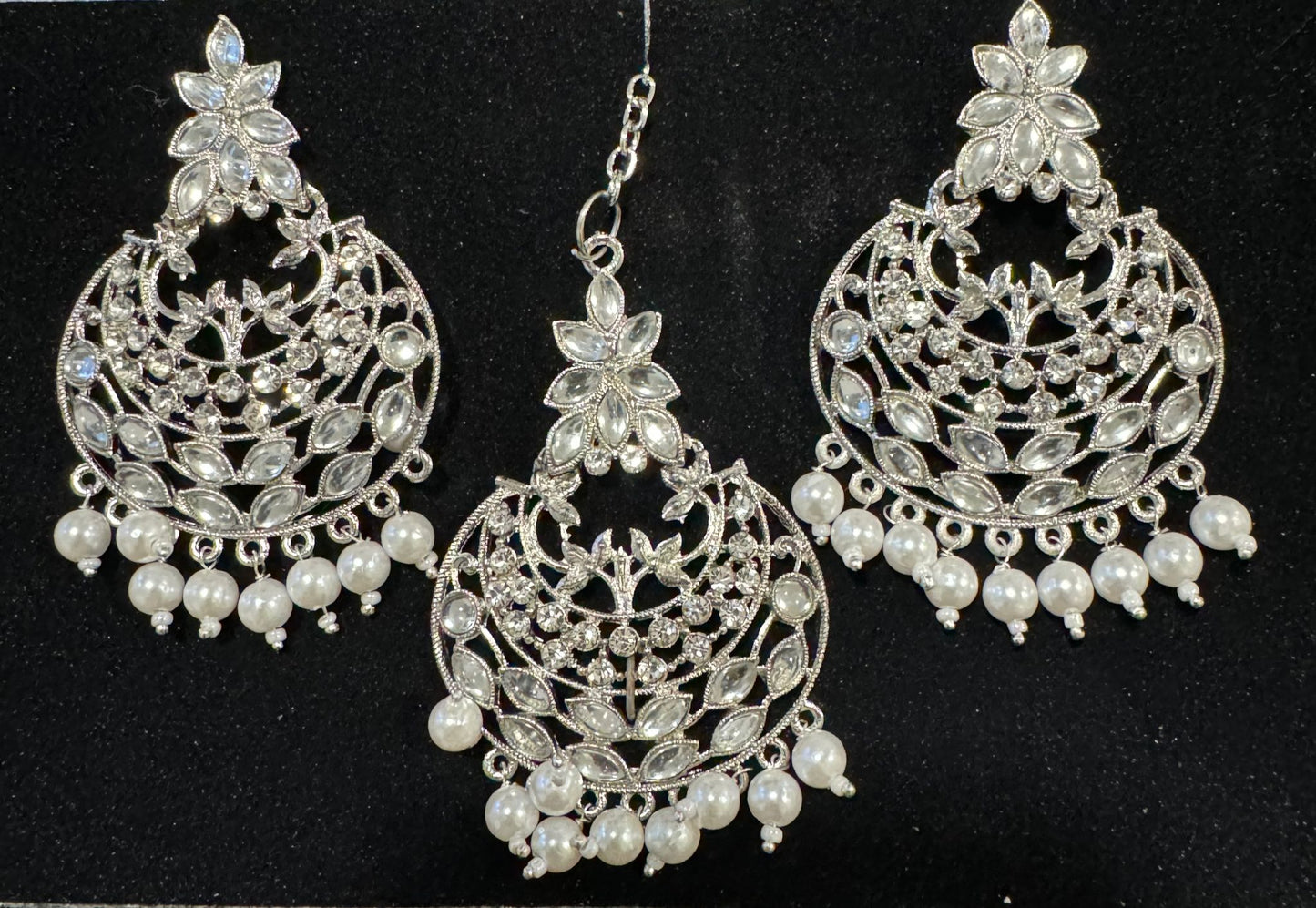 White Sliver Plated Pearl and Kundan Traditional Maang Tikka with Earrings Set for Women