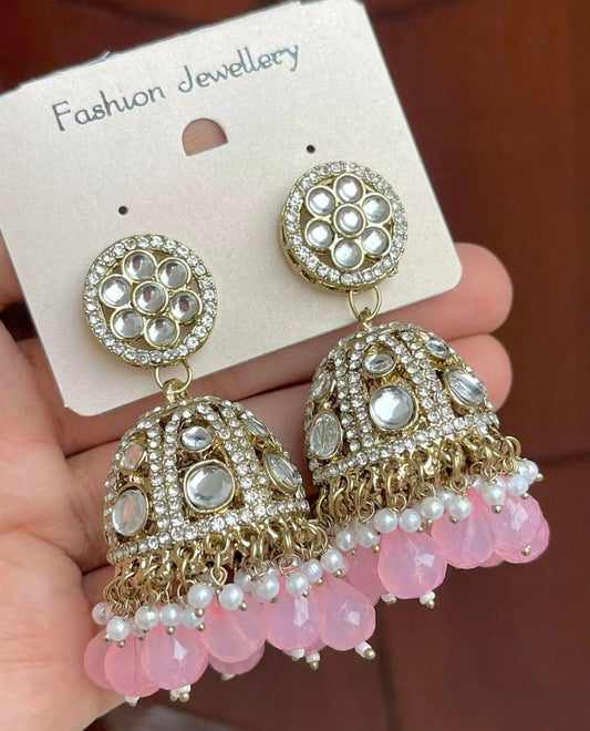 Gold-Plated Dome Shaped Kundan Studded Jhumkas