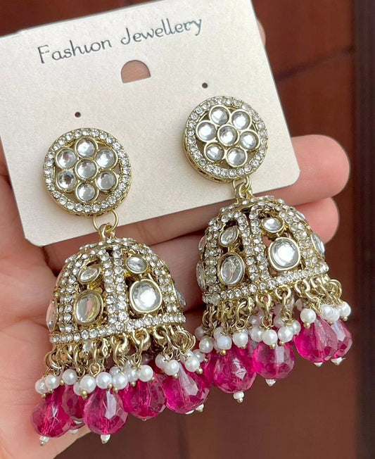 Gold-Plated Dome Shaped Kundan Studded Jhumkas