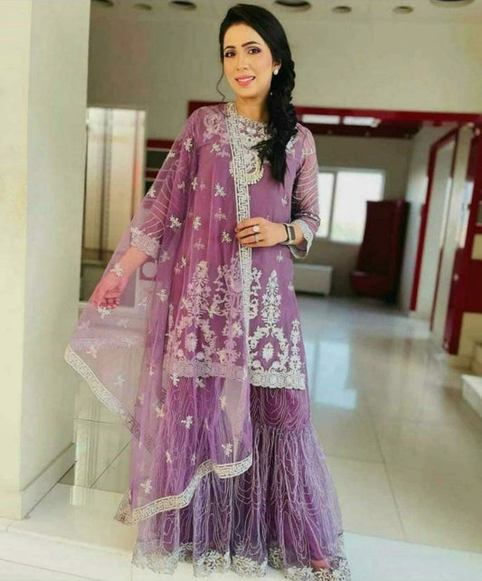 Readymade Indian Sequin Embroidered Sharara Gharara Kurti Set, Georgette Fabric, Pakistani Designer Ethnic Wear 3 Pcs Set For Women