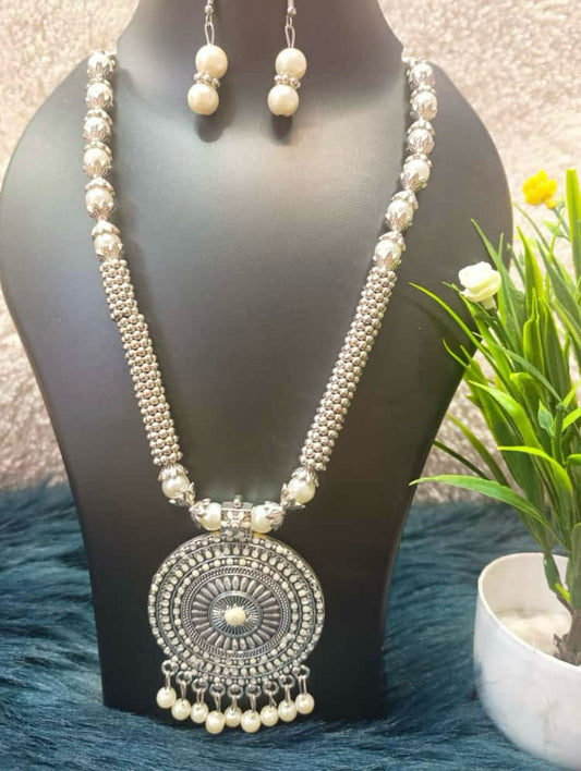 Silver-Plated Stone-Beaded Oxidized Necklace & Earrings Set