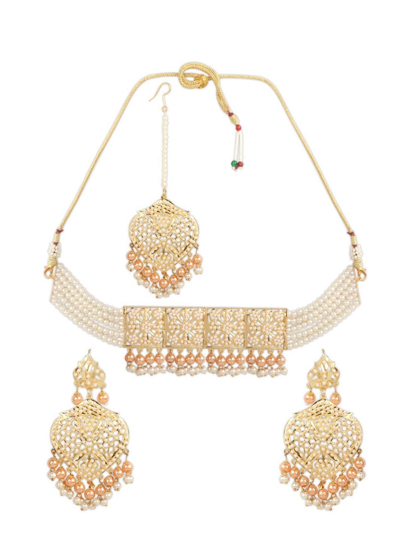 Gold-Plated White & Peach-Coloured Pearl Beaded Jewellery Set