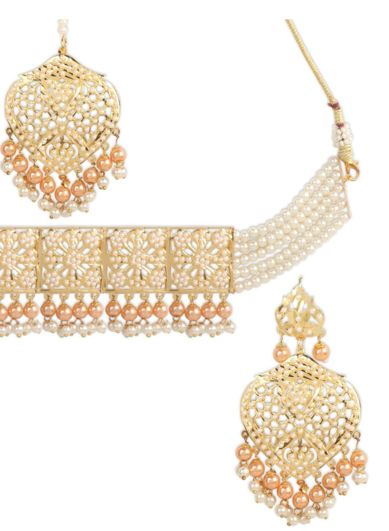 Gold-Plated White & Peach-Coloured Pearl Beaded Jewellery Set