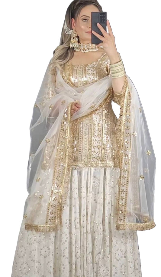 Designer White Embroidered Kurta With Lehenga 