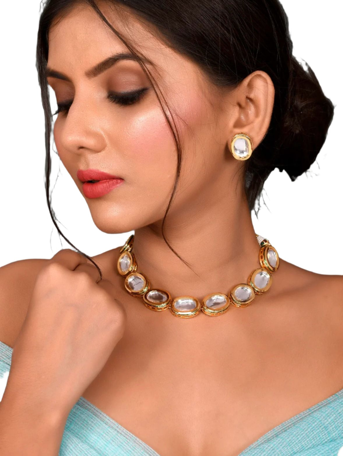 Gold-Plated White Kundan-Studded Jewellery Set