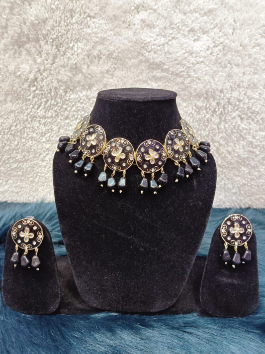 Gold-Plated Kundan Meenakari Enamelled Choker Necklace Jewellery Set