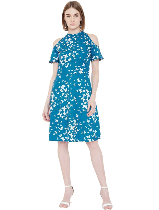 Women Blue & White Butterfly Printed Cold-Shoulder A-Line Dress