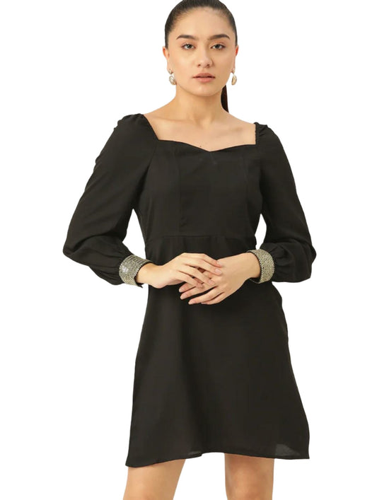 Black Solid A-Line Dress