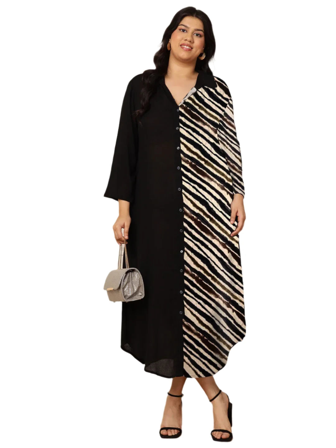 Women's Plus Size Black Diagonal Striped Shirt Dress in Germany