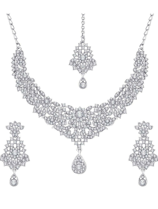 Glim Diamond Silver Plated Alloy Choker Necklace Set For Women