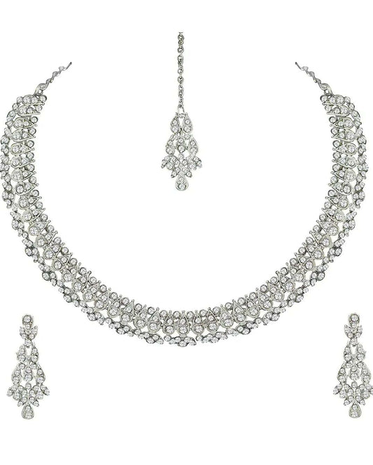 Silver Plated AD Crystal Austrian Diamond Necklace Jewellery Set with Earrings & Maang Tikka