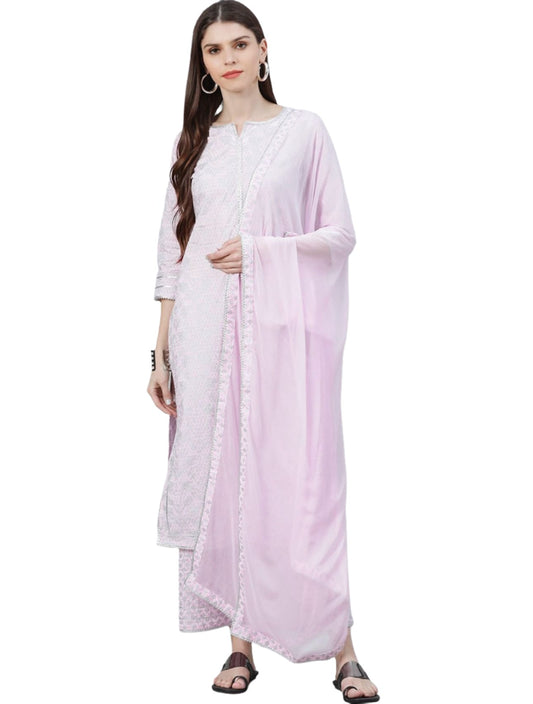 Women Pink Printed Kurta with Palazzos & Dupatta