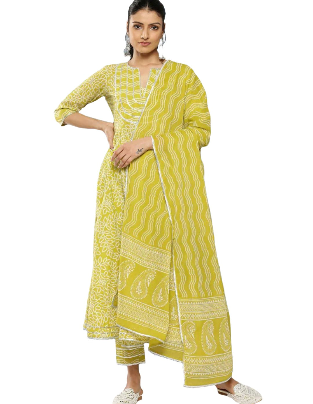 Bandhani Yoke Design Empire Gotta Patti Cotton Kurta with Trousers & Dupatta