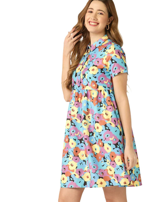 Women Blue & Purple Floral Printed Textured Knit A-Line Dress