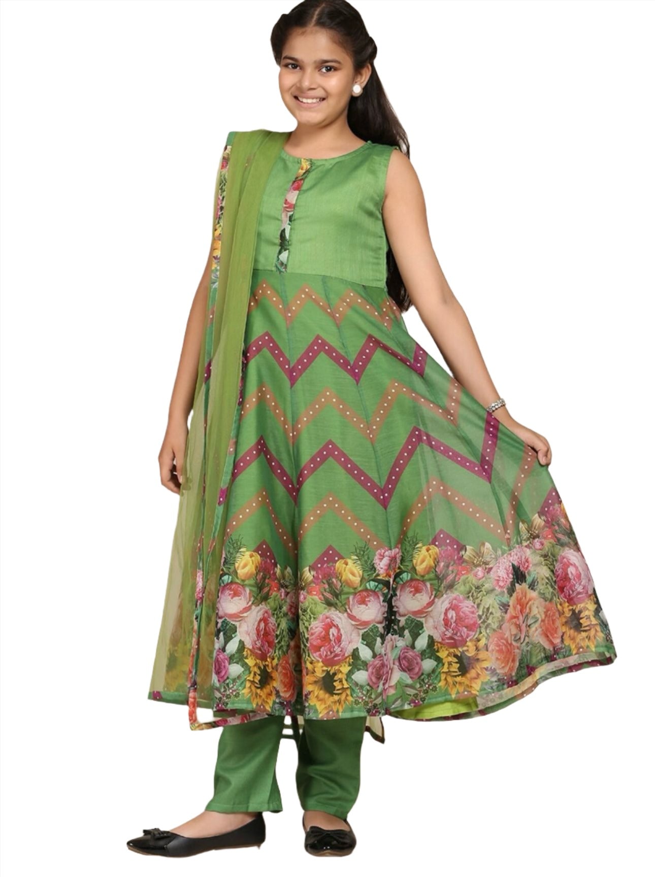 Kurti with Churidar & With Dupatta for Girls Green Floral Printed