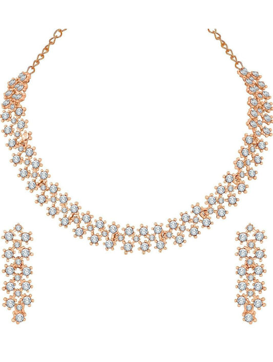 Rose Gold Crystal AD Diamond Necklace Jewellery Set with Earrings for Women and Girls Suits Best Party, Wedding and Occasional Wear