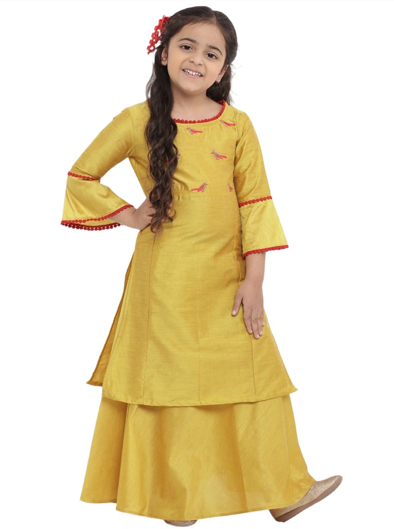 Kurta with Skirt for Girls Yellow Embroidered Pure Cotton 