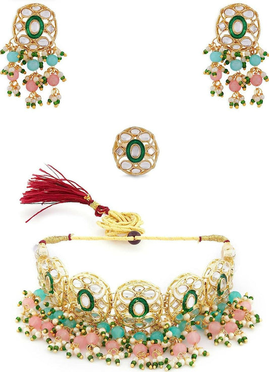 Pink & Green Beads Cluster Drops Kundan Choker Necklace Earring & Ring Set For Women