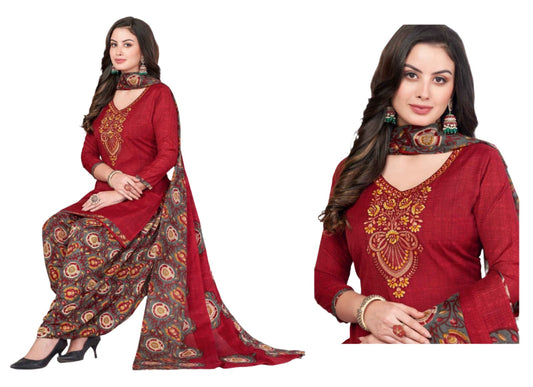 Women  Printed Thread Work Pure Cotton Kurta with Patiala & With Dupatta
