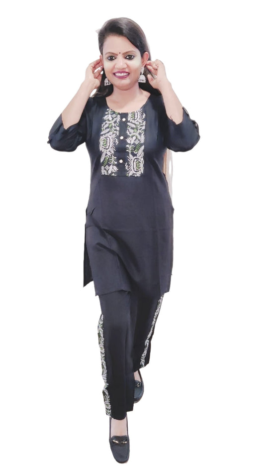 Black Rayon Embroidery Outfit(Kurti + Pant)