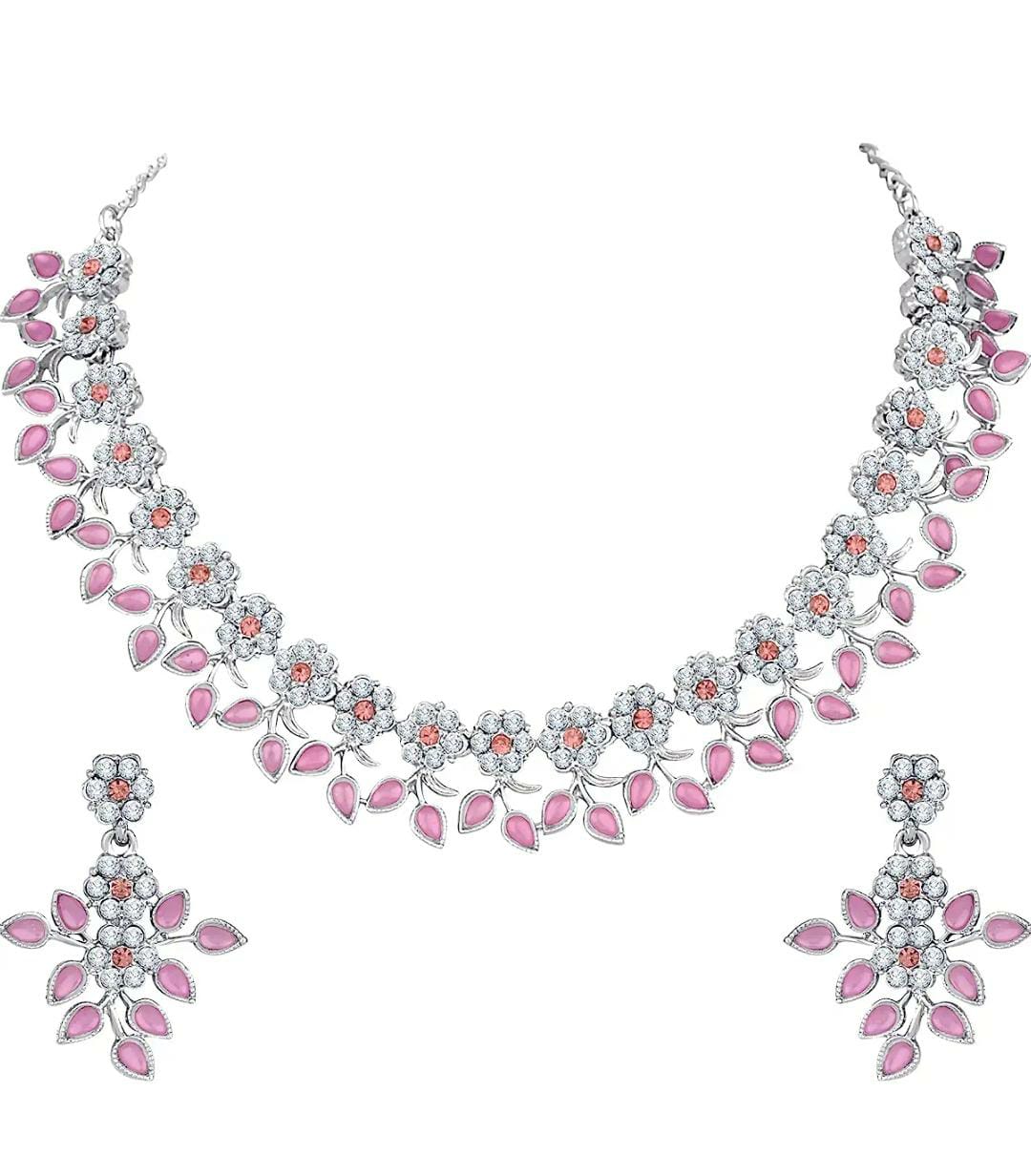 Pink Kundan Silver Plated Crystal AD Diamond Necklace Jewellery Set with Earrings for Women and Girls Suits Best Party, Wedding and Occasional Wear