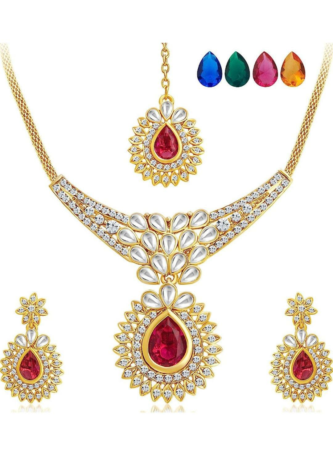 Kundan vergoldeter Hochzeitsschmuck, österreichisches Diamant-Halsketten-Set für Damen mit 5 austauschbaren Steinen (2358NADA860), golden, freie Größe 