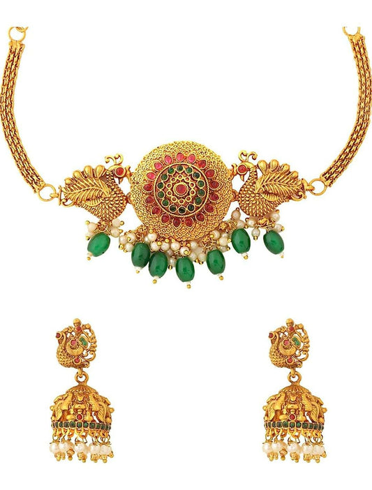 Gold Plated Drop Peacock Bridal Choker Necklace Set for Women