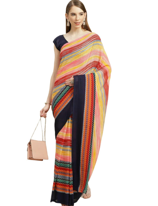 Mehrfarbig gestreifter Saree aus reiner Georgette 