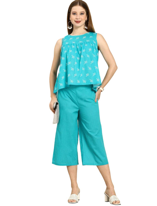 Women Blue Printed Pure Cotton Top with Palazzos