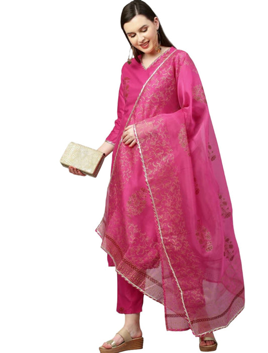 Damen-Kurta mit rosa Blumenmuster, Hose und Dupatta (indische Kollektion) 