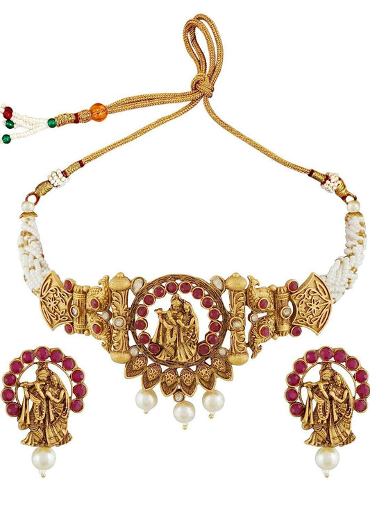 Antique Matt Gold Multi Color Pearls South Indian Temple jewellery