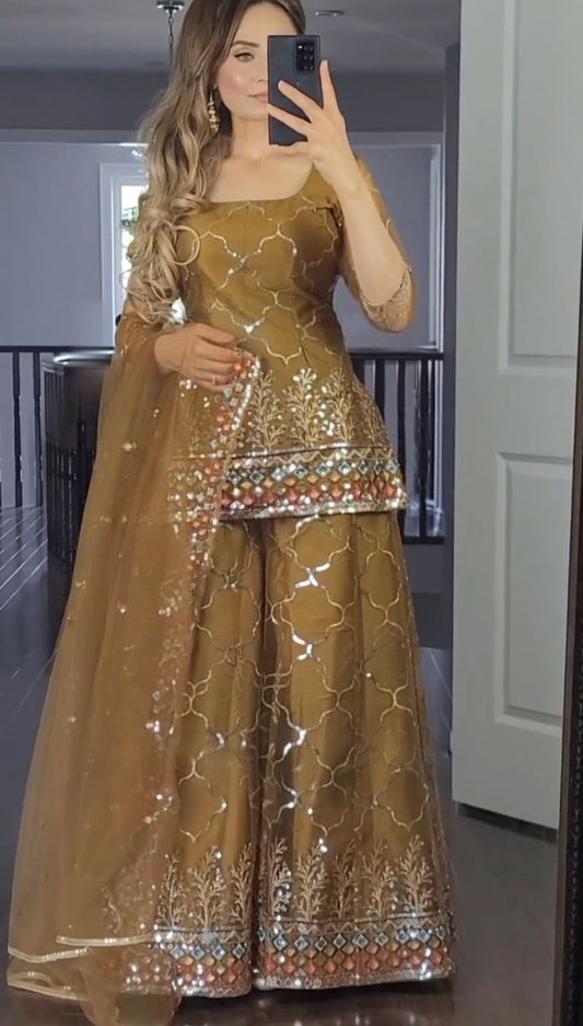 Party Wear Look Top-Plazzo and Dupatta With Heavy Embroidery Work Suit