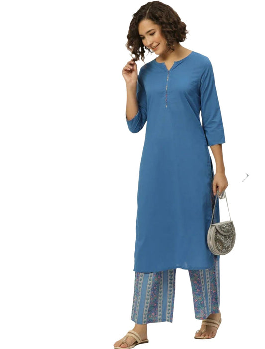 Women Blue & Cream-Coloured Straight Pure Cotton Kurta with Palazzos