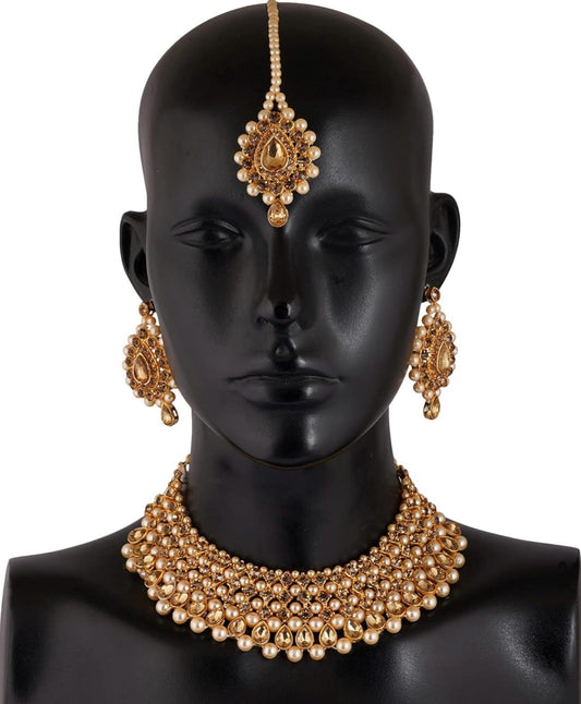JEWELRY PEARL EMBEDDED MULTI LAYERED KUNDAN WORK NECKLACE SET WITH MAANG TIKS FOR WOMEN AND GIRLS