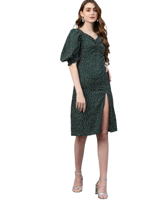 Green Polka Dots Printed A-Line Dress