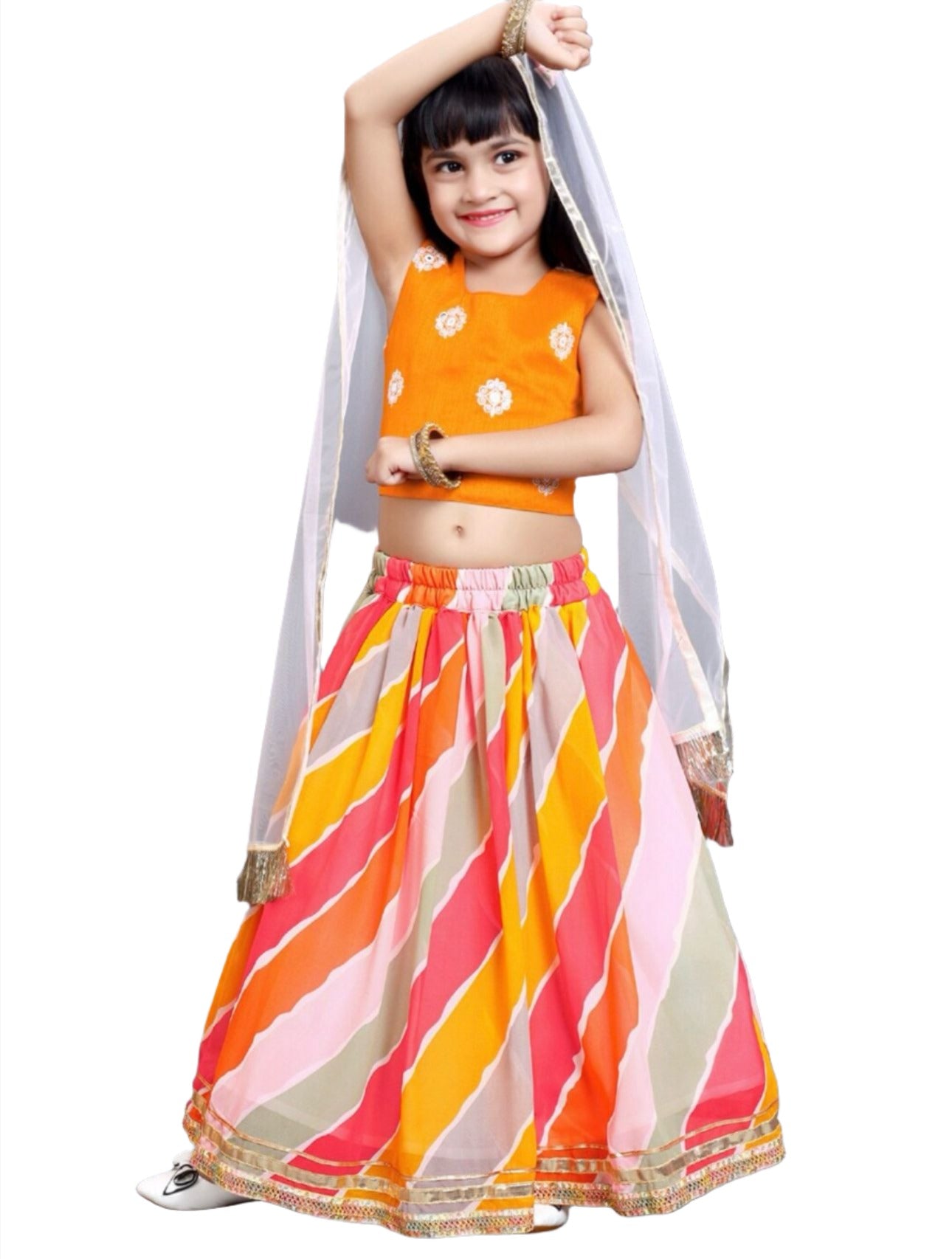 Lehenga & Blouse With Dupatta for Girls Orange & Pink Embroidered Ready to Wear