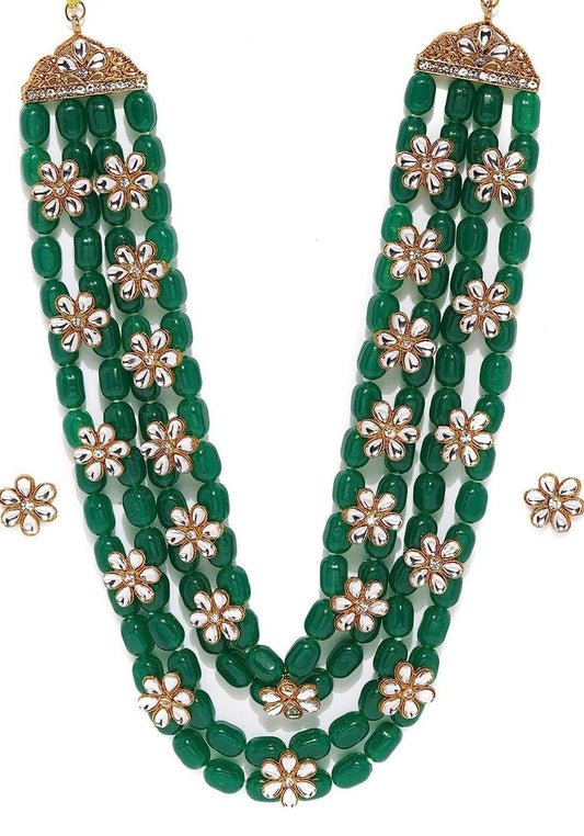 Green Beads & Floral Kundan Necklace Set For Women