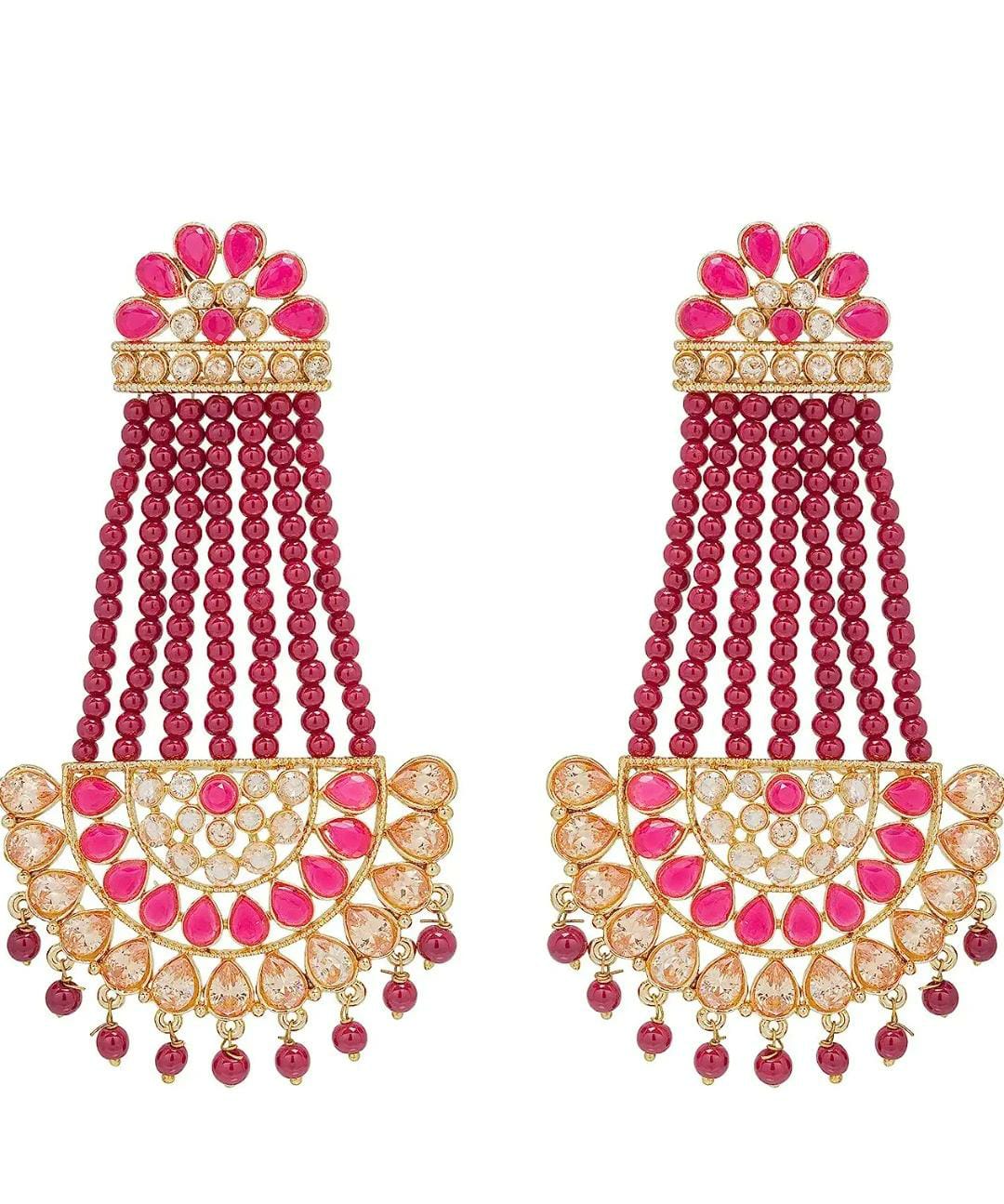 Maroon and Pink Gold-Plated Chandelier Earrings for Girls and Women