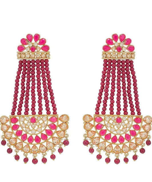 Maroon and Pink Gold-Plated Chandelier Earrings for Girls and Women