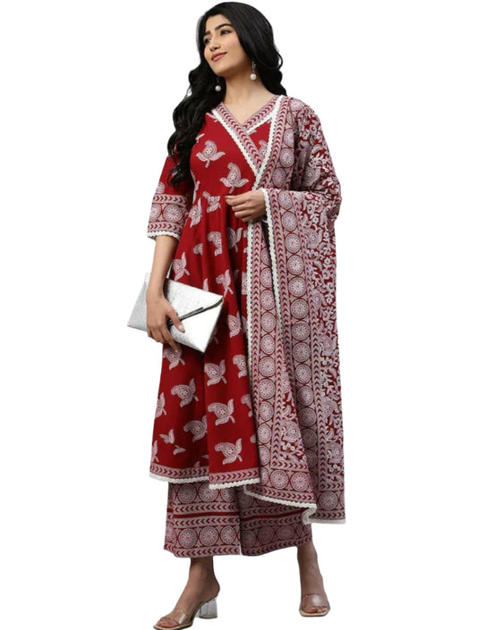 Women Maroon Printed Kurta with Palazzos & Dupatta