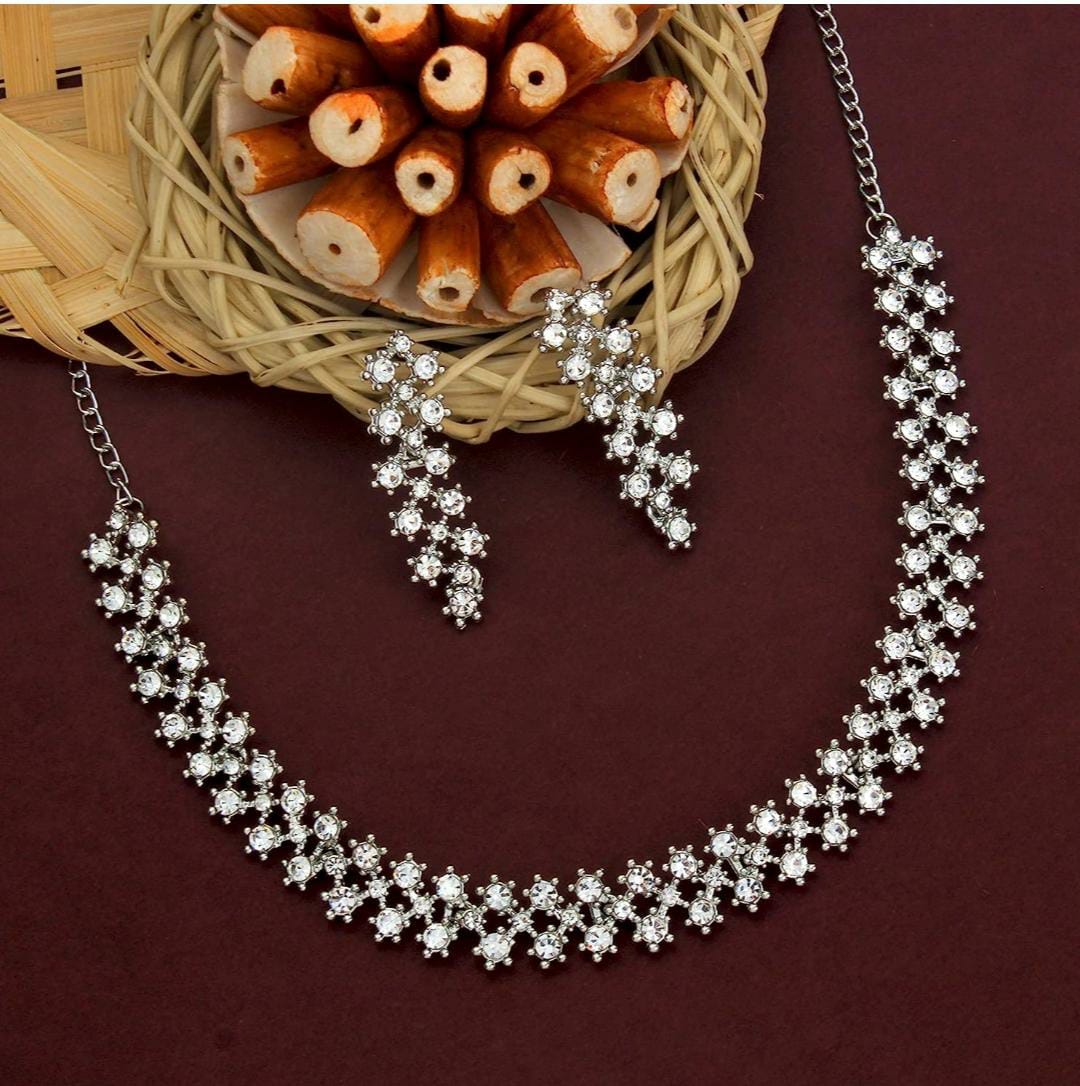 White Gold Crystal AD Diamond Necklace Jewellery Set with Earrings for Women and Girls Suits Best Party, Wedding and Occasional Wear
