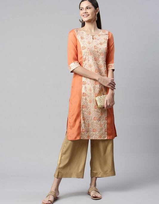 Women Orange & Beige Ethnic Motifs Printed Kurta
