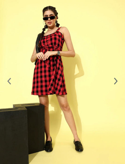 Women Stunning Black Checked Noughties Spaghetti Dress