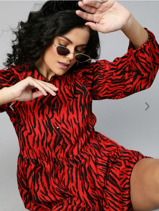 Fiery Red and Black Animal Printed A-Line Dress