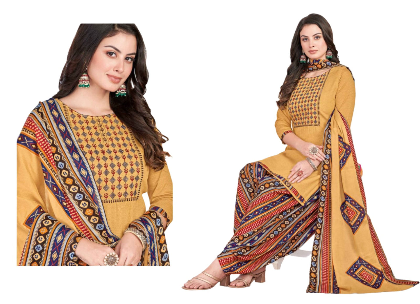 Women  Printed Thread Work Pure Cotton Kurta with Patiala & With Dupatta